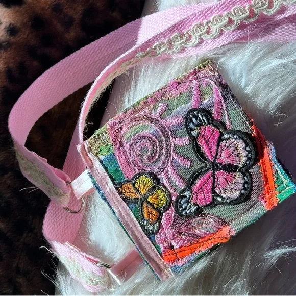 Fabric Collage Wallet Hand Crafted Pink and Black Butterfly Bag Purse Necklace - Picture 9 of 10